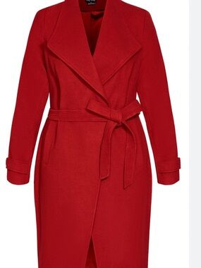 City Chic Red Wool Belted Wrap Coat
